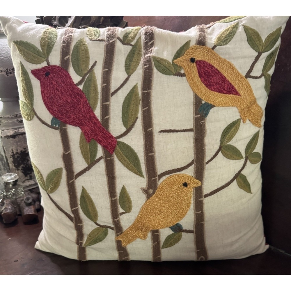 Pair Pier 1 Imports Decorative Throw Pillows Embroidered Birds Branches Spring